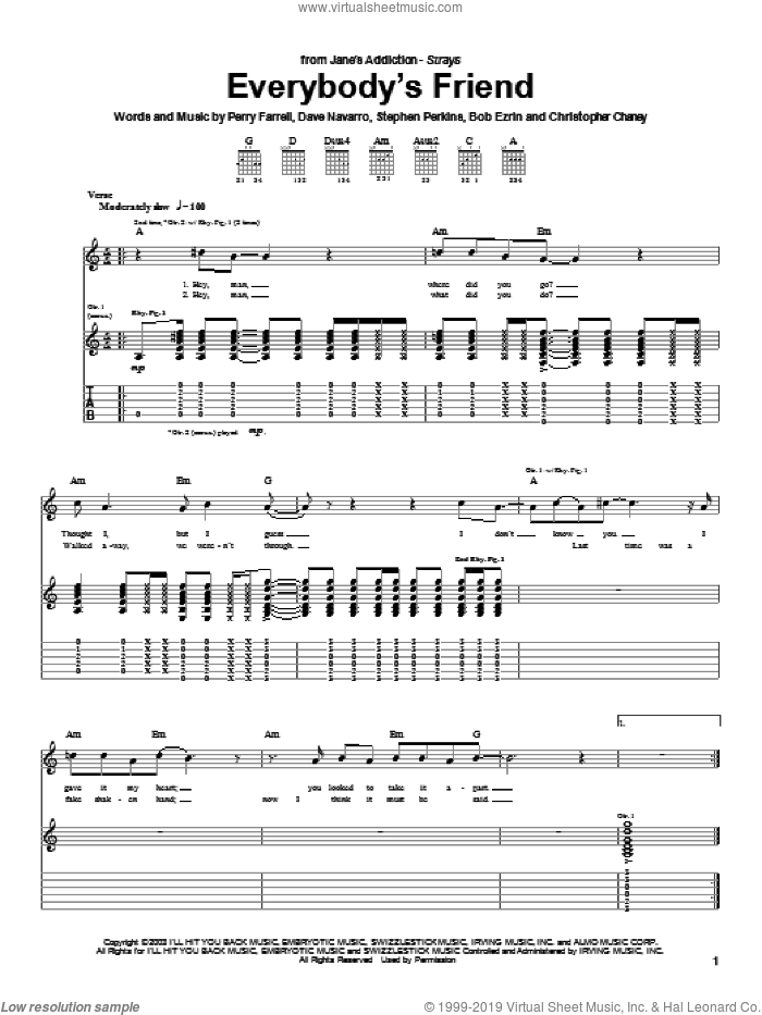 Everybody's Friend sheet music for guitar (tablature) by Jane's Addiction, Dave Navarro, Perry Farrell and Stephen Perkins, intermediate skill level