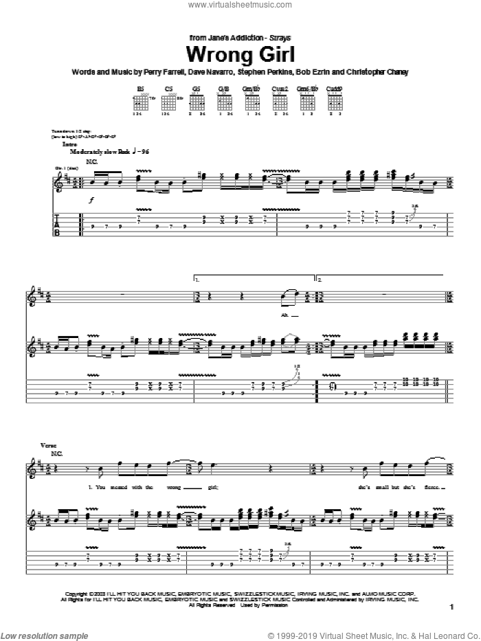 Wrong Girl sheet music for guitar (tablature) by Jane's Addiction, Dave Navarro, Perry Farrell and Stephen Perkins, intermediate skill level