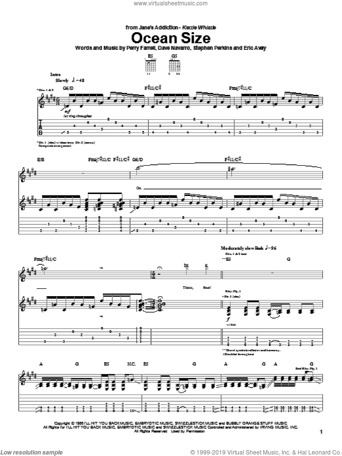 Ocean Size sheet music for guitar (tablature) by Jane's Addiction, Dave Navarro, Perry Farrell and Stephen Perkins, intermediate skill level