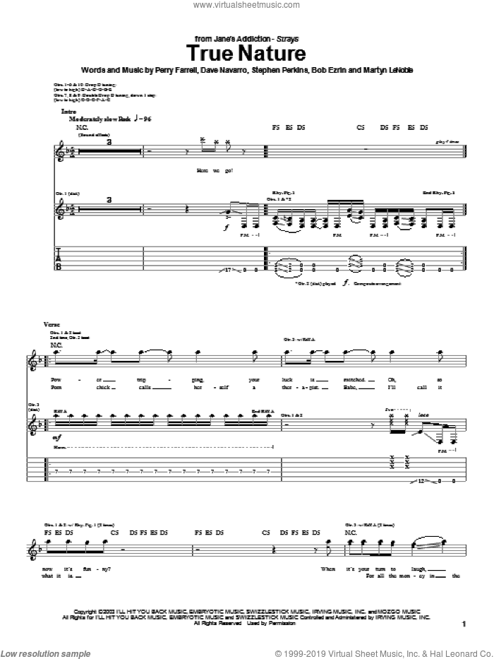 True Nature sheet music for guitar (tablature) by Jane's Addiction, Dave Navarro, Perry Farrell and Stephen Perkins, intermediate skill level