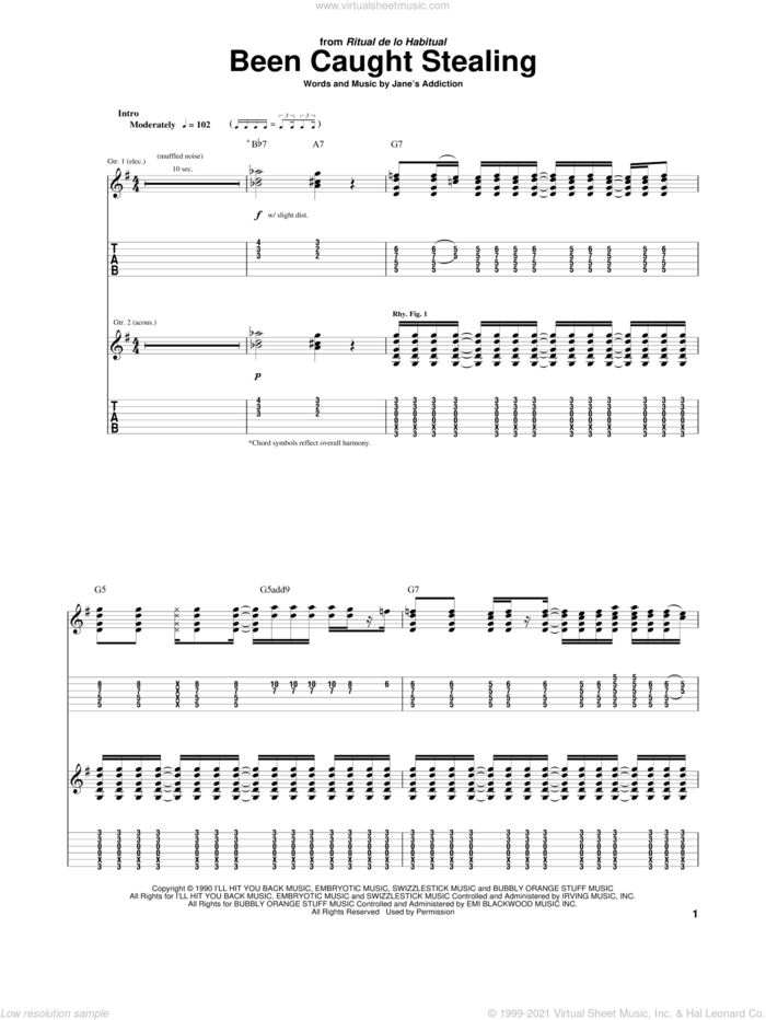 Been Caught Stealing sheet music for guitar (tablature) by Jane's Addiction, Dave Navarro, Perry Farrell and Stephen Perkins, intermediate skill level