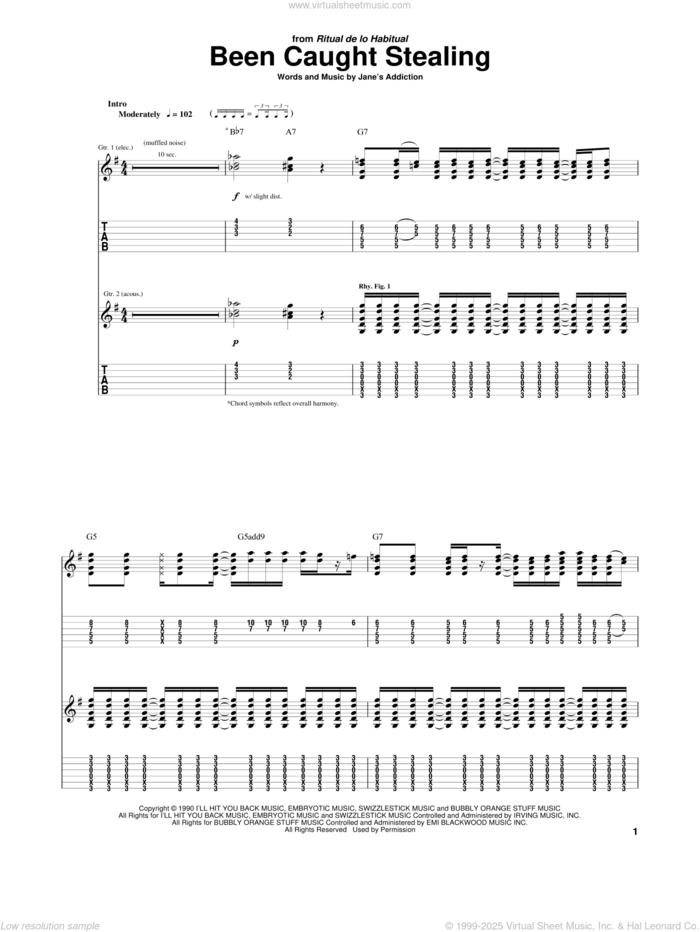 Been Caught Stealing sheet music for guitar (tablature) by Jane's Addiction, Dave Navarro, Perry Farrell and Stephen Perkins, intermediate skill level