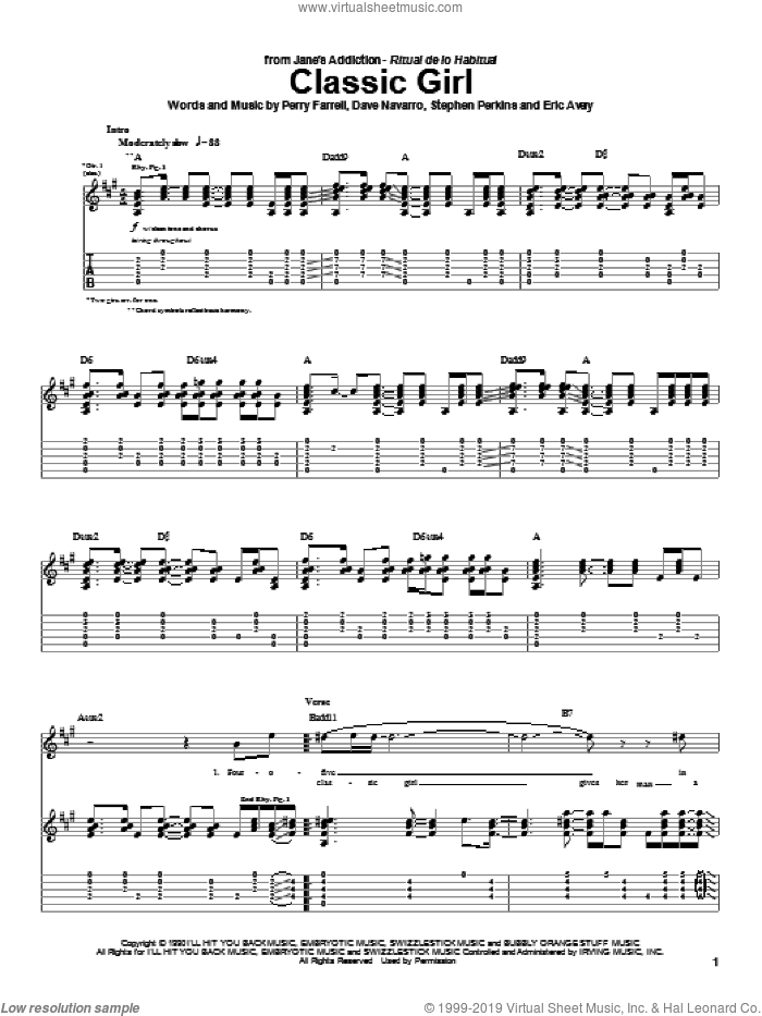 Classic Girl sheet music for guitar (tablature) by Jane's Addiction, Dave Navarro, Perry Farrell and Stephen Perkins, intermediate skill level