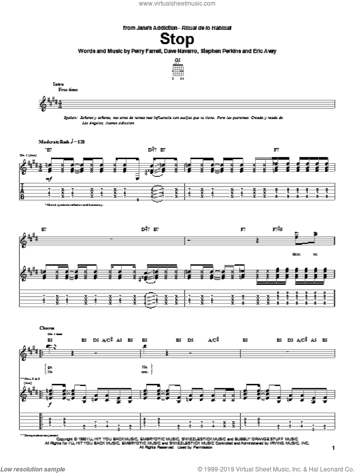 Stop sheet music for guitar (tablature) by Jane's Addiction, Guitar Hero, Dave Navarro, Perry Farrell and Stephen Perkins, intermediate skill level