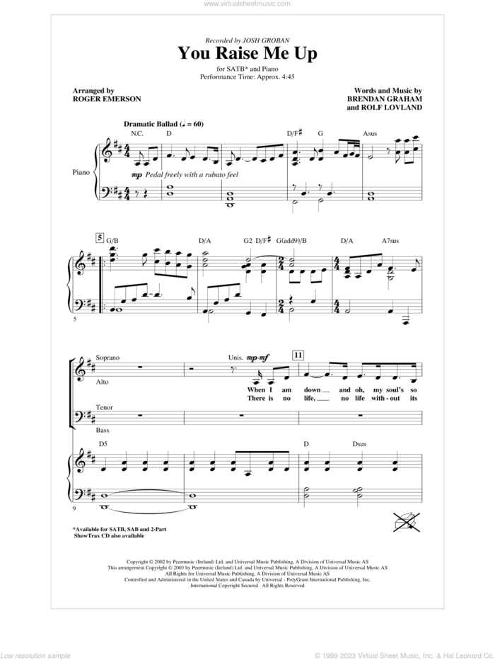 You Raise Me Up (arr. Roger Emerson) sheet music for choir (SATB: soprano, alto, tenor, bass) by Brendan Graham, Rolf Lovland, Josh Groban and Roger Emerson, intermediate skill level