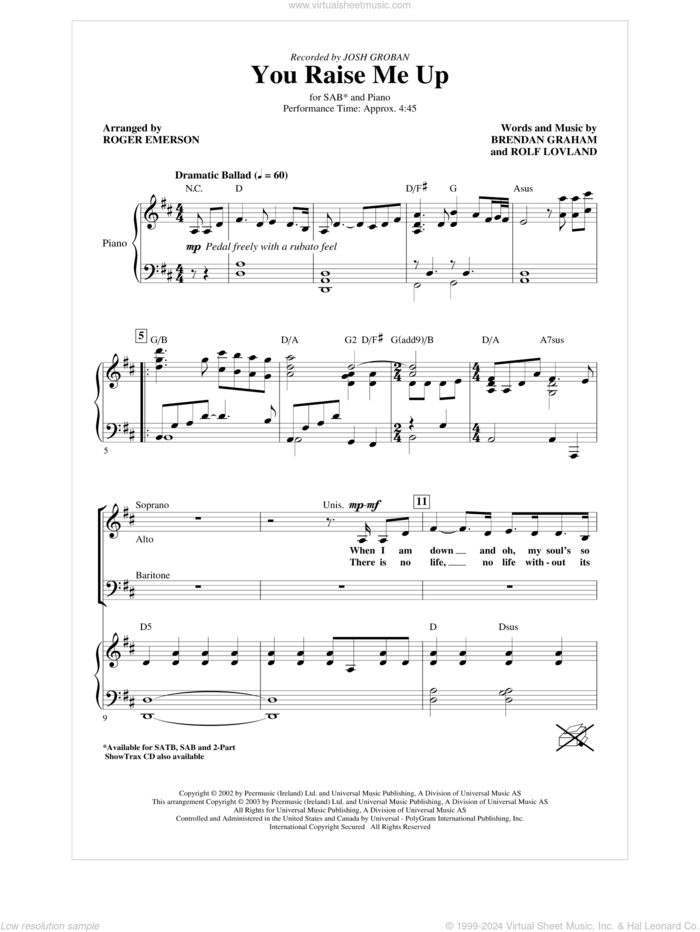 You Raise Me Up (arr. Roger Emerson) sheet music for choir (SAB: soprano, alto, bass) by Brendan Graham, Rolf Lovland, Josh Groban and Roger Emerson, intermediate skill level