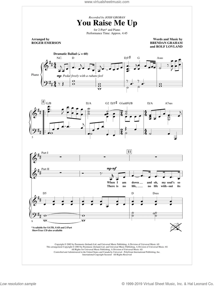 You Raise Me Up (arr. Roger Emerson) sheet music for choir (2-Part) by Brendan Graham, Rolf Lovland, Josh Groban and Roger Emerson, wedding score, intermediate duet