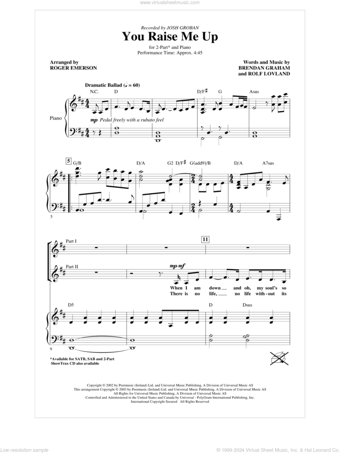 You Raise Me Up (arr. Roger Emerson) sheet music for choir (2-Part) by Brendan Graham, Rolf Lovland, Josh Groban and Roger Emerson, wedding score, intermediate duet