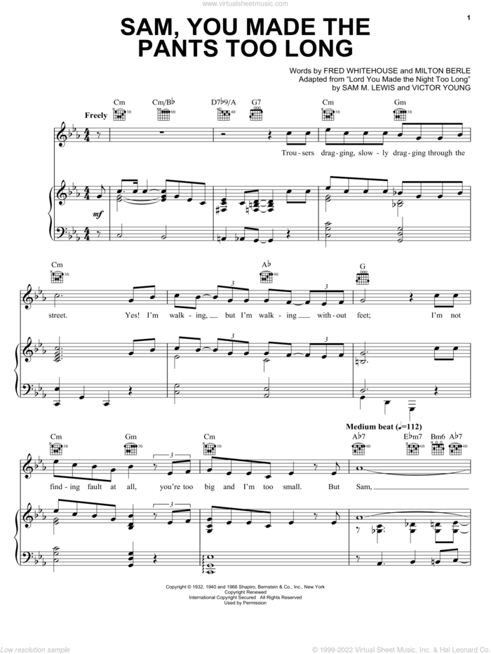 Sam, You Made The Pants Too Long sheet music for voice, piano or guitar by Fred Whitehouse, Barbra Streisand, Milton Berle and Sam Lewis, intermediate skill level