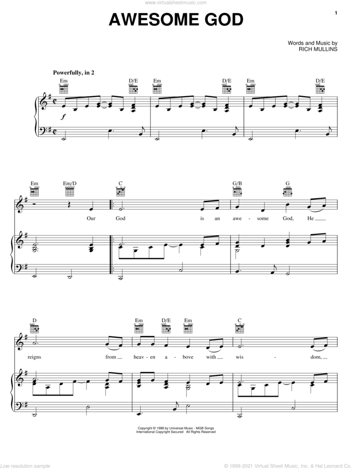 Awesome God (Chorus Only) sheet music for voice, piano or guitar by Rich Mullins, Helen Baylor and Michael W. Smith, intermediate skill level