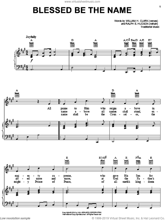 Blessed Be The Name sheet music for voice, piano or guitar by William H. Clark, Ralph Hudson and William J. Kirkpatrick, intermediate skill level