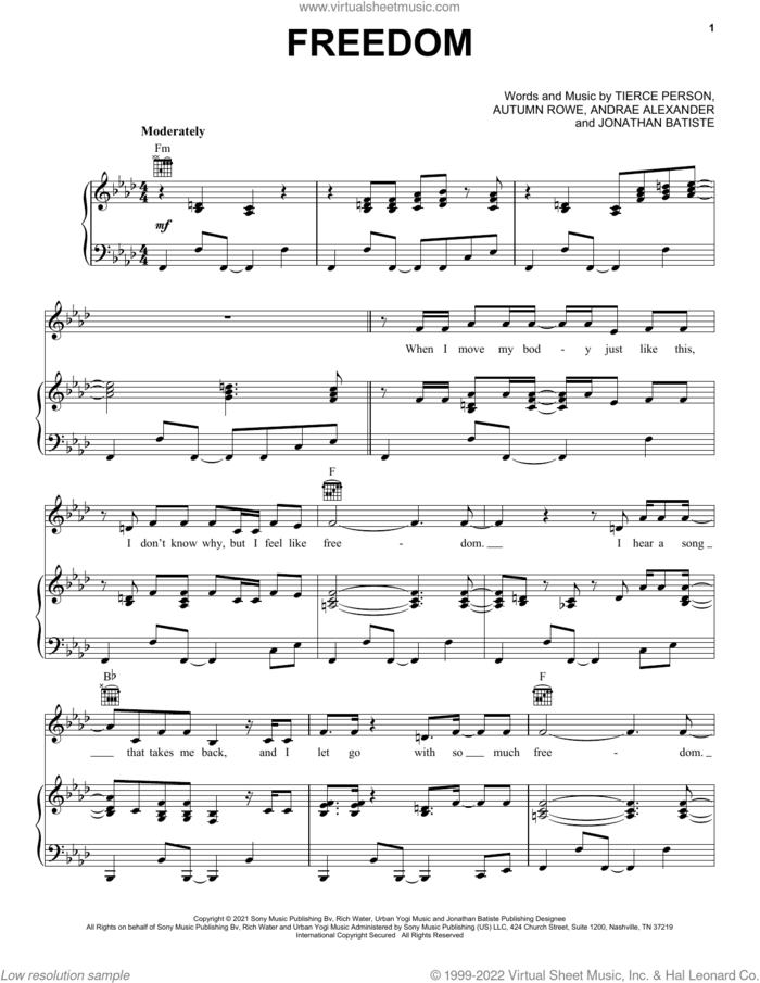 FREEDOM sheet music for voice, piano or guitar by Jon Batiste, Andrae Alexander, Autumn Rowe, Jonathan Batiste and Tierce Person, intermediate skill level