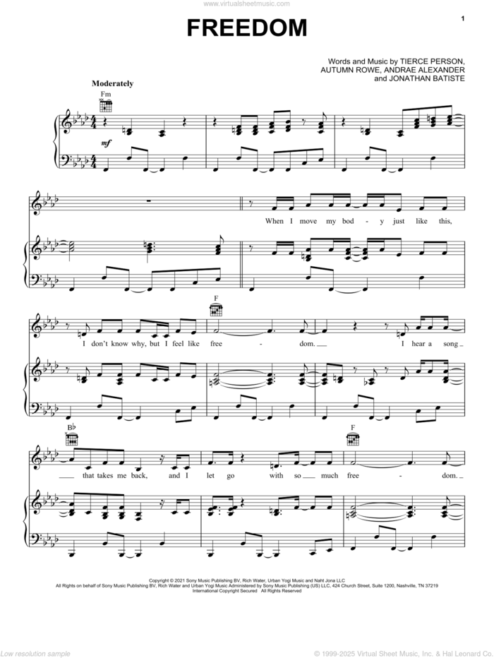 FREEDOM sheet music for voice, piano or guitar by Jon Batiste, Andrae Alexander, Autumn Rowe, Jonathan Batiste and Tierce Person, intermediate skill level