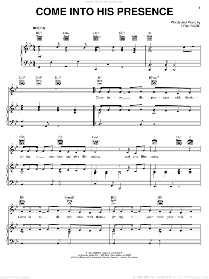 Come Into His Presence sheet music for voice, piano or guitar by Lynn Baird, intermediate skill level