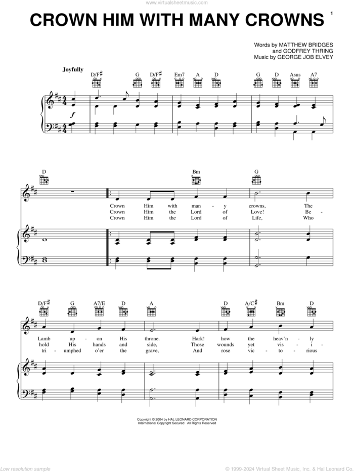 Crown Him With Many Crowns sheet music for voice, piano or guitar by Matthew Bridges, George Job Elvey and Godfrey Thring, intermediate skill level