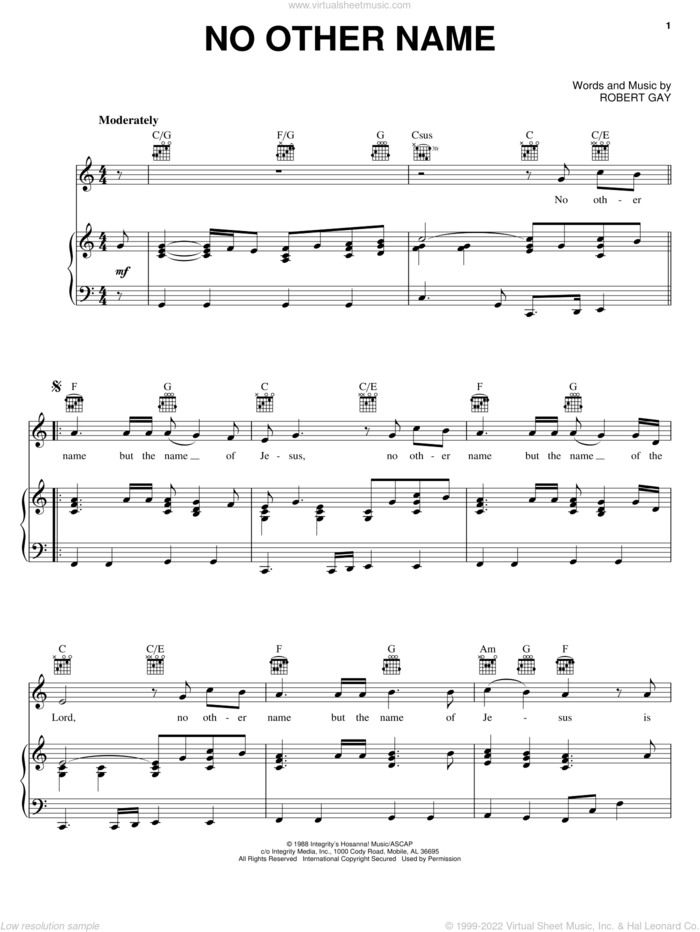 No Other Name sheet music for voice, piano or guitar by Robert Gay, intermediate skill level