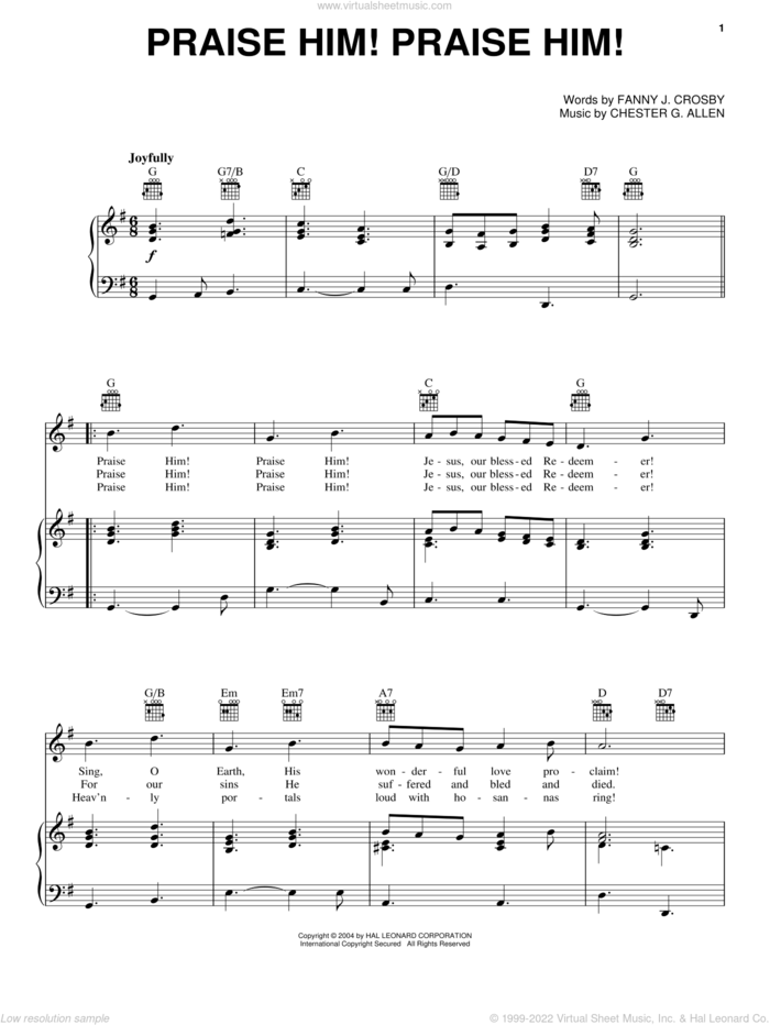 Praise Him! Praise Him! sheet music for voice, piano or guitar by Fanny J. Crosby and Chester G. Allen, intermediate skill level