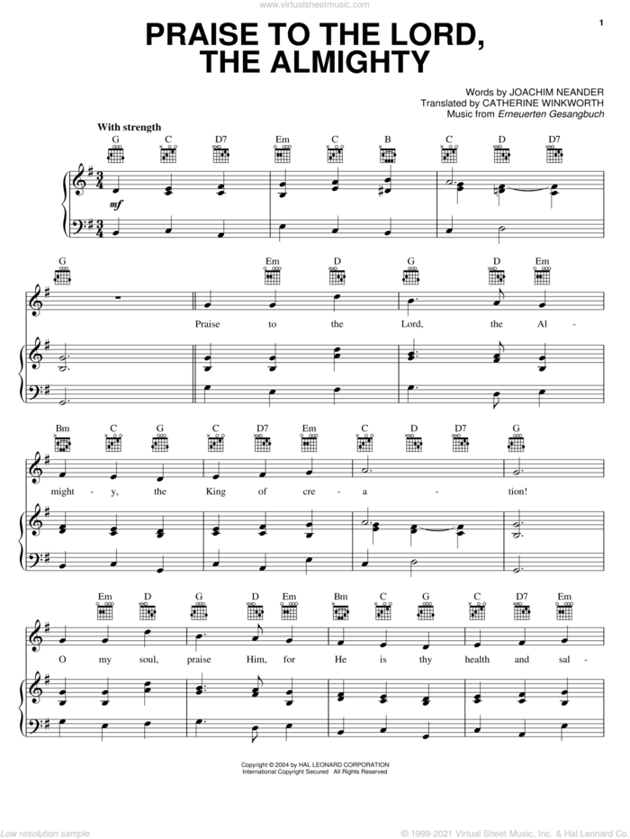 Praise To The Lord, The Almighty sheet music for voice, piano or guitar by Joachim Neander, Catherine Winkworth and Erneuerten Gesangbuch, intermediate skill level