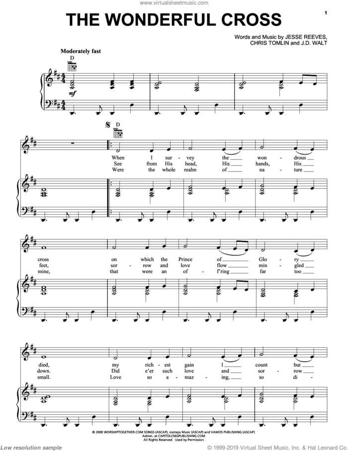 The Wonderful Cross sheet music for voice, piano or guitar by Chris Tomlin, Phillips, Craig & Dean, J.D. Walt and Jesse Reeves, intermediate skill level