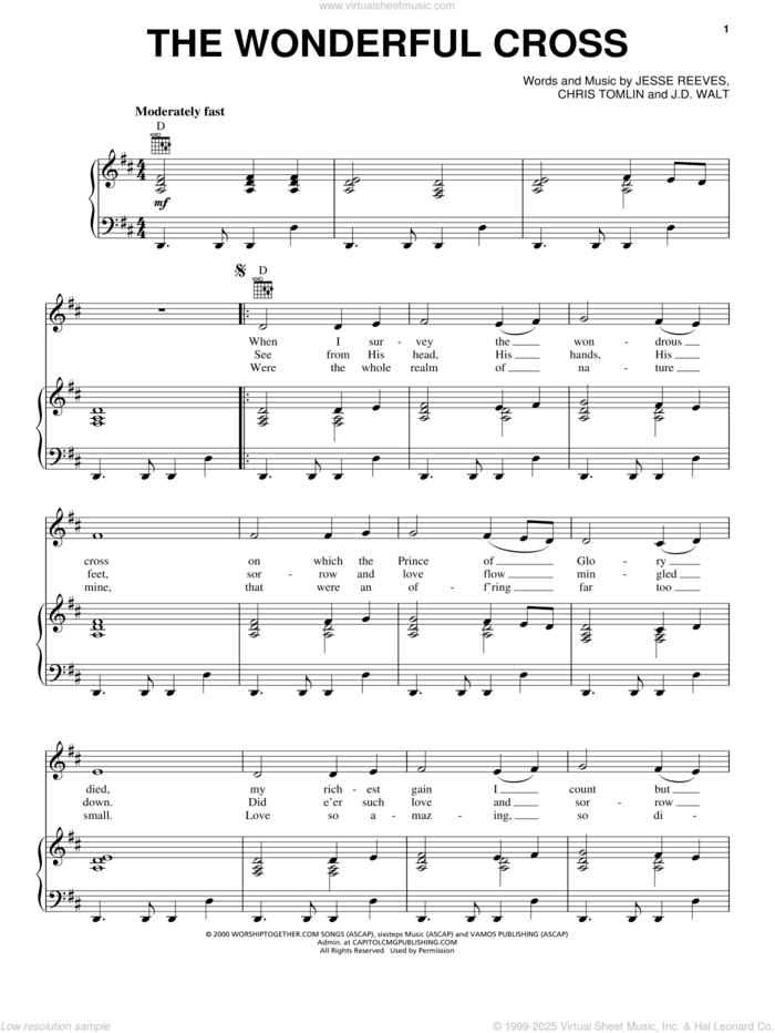 The Wonderful Cross sheet music for voice, piano or guitar by Chris Tomlin, Phillips, Craig & Dean, J.D. Walt and Jesse Reeves, intermediate skill level