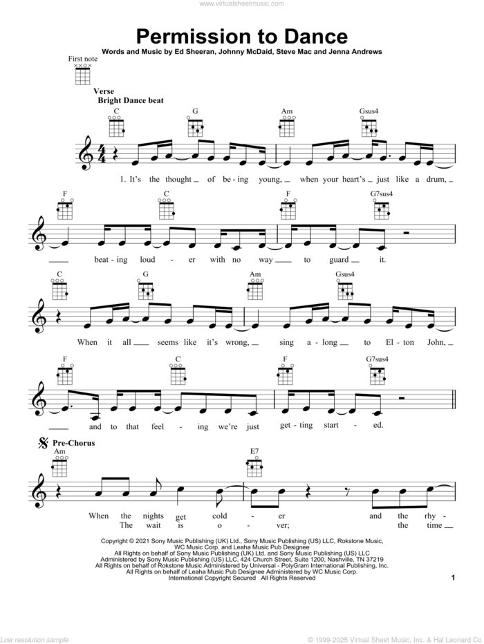 Permission To Dance sheet music for ukulele by BTS, Ed Sheeran, Jenna Andrews, Johnny McDaid and Steve Mac, intermediate skill level