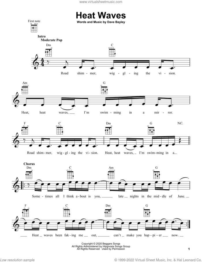 Heat Waves sheet music for ukulele by Glass Animals and Dave Bayley, intermediate skill level