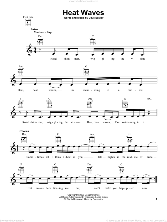 Heat Waves sheet music for ukulele by Glass Animals and Dave Bayley, intermediate skill level