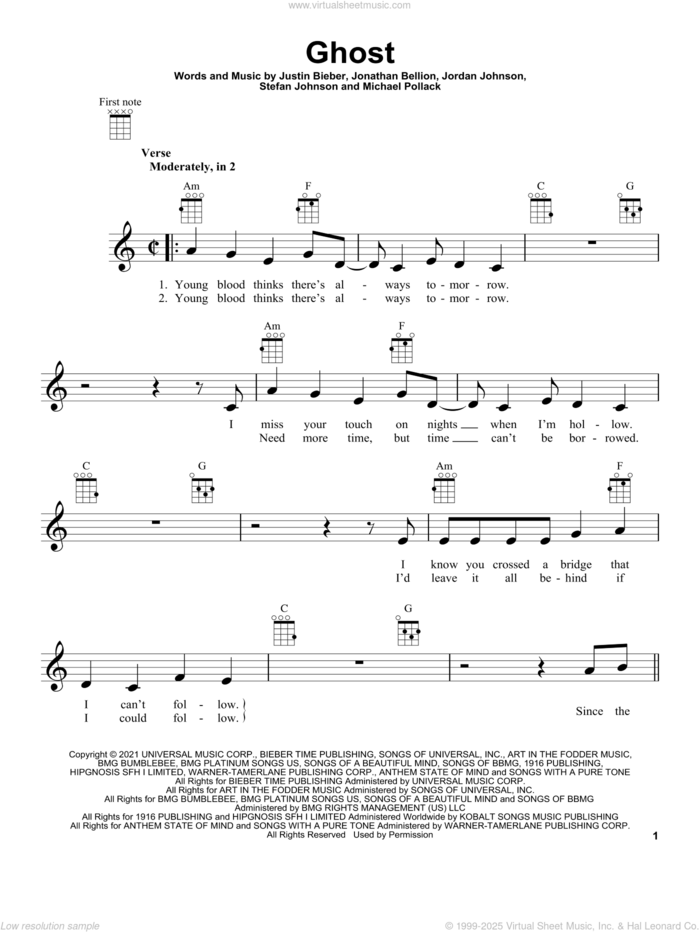 Ghost sheet music for ukulele by Justin Bieber, Jonathan Bellion, Jordan Johnson, Michael Pollack and Stefan Johnson, intermediate skill level