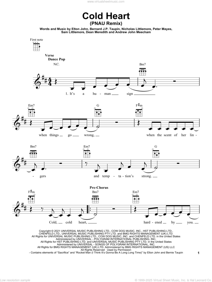 Cold Heart (PNAU Remix) sheet music for ukulele by Elton John & Dua Lipa, Andrew John Meecham, Bernie Taupin, Dean Meredith, Elton John, Nicholas Littlemore, Peter Mayes and Sam Littlemore, intermediate skill level