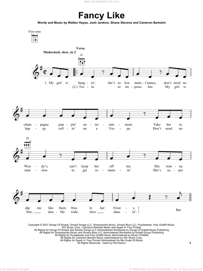 Fancy Like sheet music for ukulele by Walker Hayes, Cameron Bartolini, Josh Jenkins and Shane Stevens, intermediate skill level