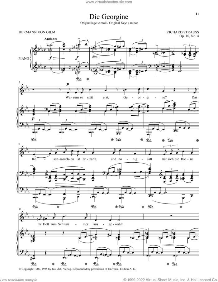 Die Georgine (Low Voice) sheet music for voice and piano (Low Voice) by Richard Strauss and Hermann von Gilm, classical score, intermediate skill level