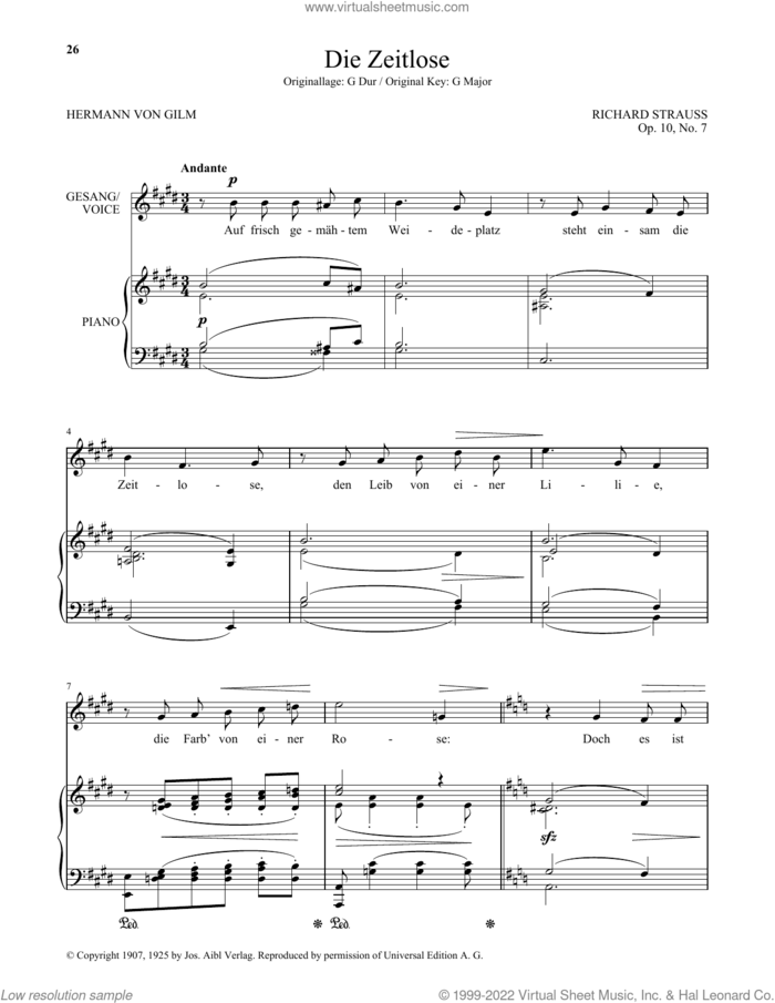 Die Zeitlose (Low Voice) sheet music for voice and piano (Low Voice) by Richard Strauss and Hermann von Gilm, classical score, intermediate skill level