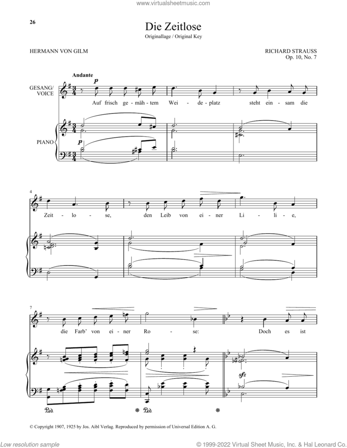 Die Zeitlose (High Voice) sheet music for voice and piano (High Voice) by Richard Strauss and Hermann von Gilm, classical score, intermediate skill level