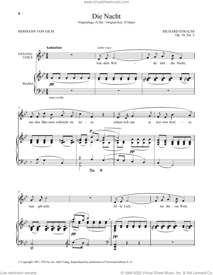 Die Nacht (Low Voice) sheet music for voice and piano (Low Voice) by Richard Strauss and Hermann von Gilm, classical score, intermediate skill level