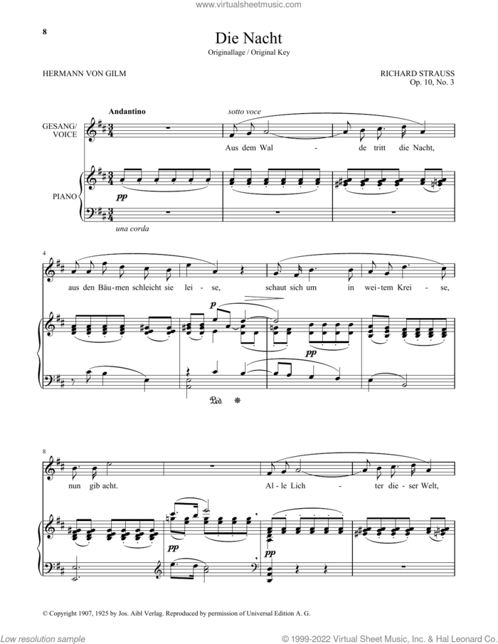 Die Nacht (High Voice) sheet music for voice and piano (High Voice) by Richard Strauss and Hermann von Gilm, classical score, intermediate skill level