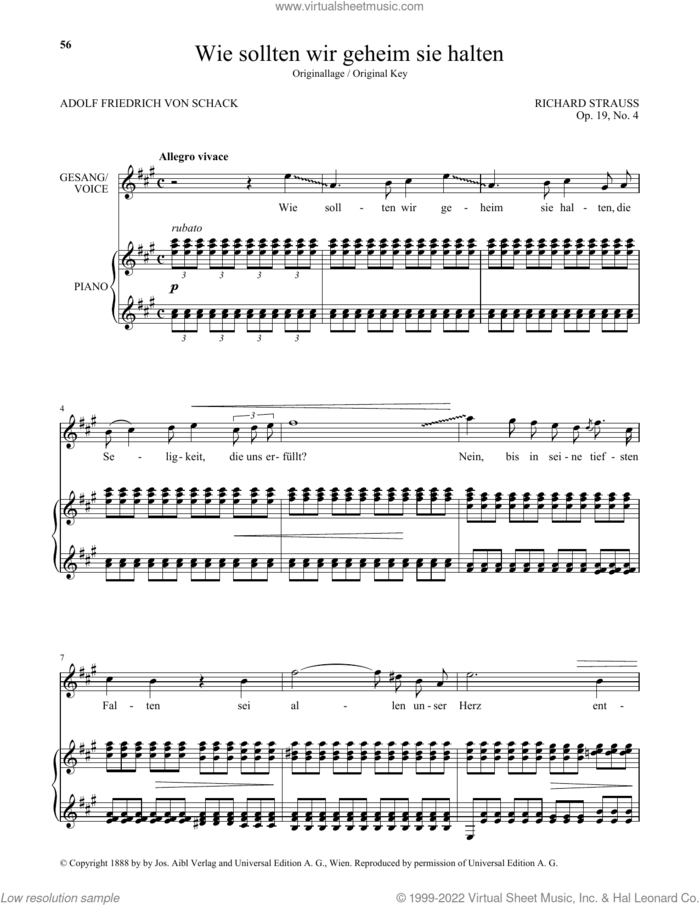 Wie Sollten Wir Geheim Sie Halten (High Voice) sheet music for voice and piano (High Voice) by Richard Strauss and Adolf Friedrich von Schack, classical score, intermediate skill level