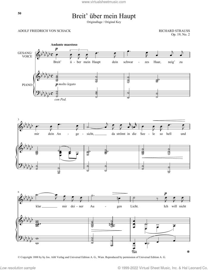 Breit' Uber Mein Haupt (High Voice) sheet music for voice and piano (High Voice) by Richard Strauss and Adolf Friedrich von Schack, classical score, intermediate skill level