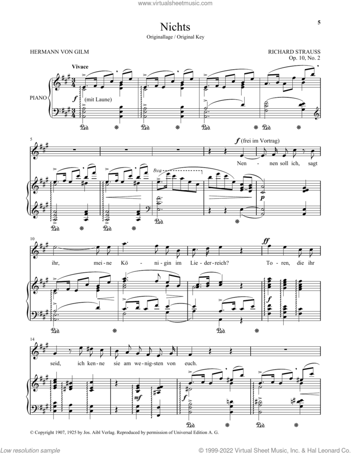 Nichts (High Voice) sheet music for voice and piano (High Voice) by Richard Strauss and Hermann von Gilm, classical score, intermediate skill level