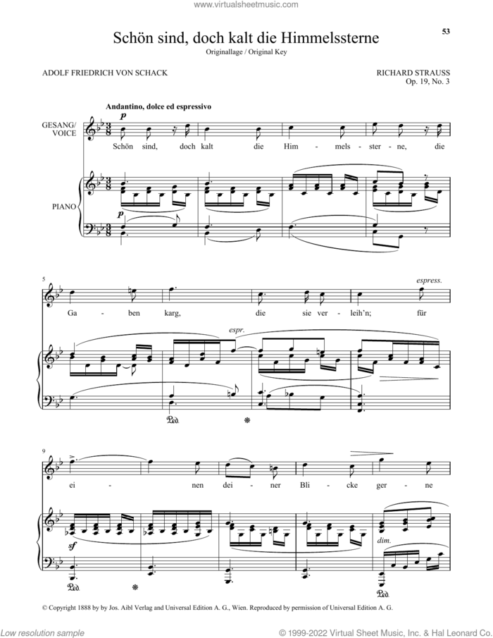 Schon Sind, Doch Kalt Die Himmelssterne (High Voice) sheet music for voice and piano (High Voice) by Richard Strauss and Adolf Friedrich von Schack, classical score, intermediate skill level