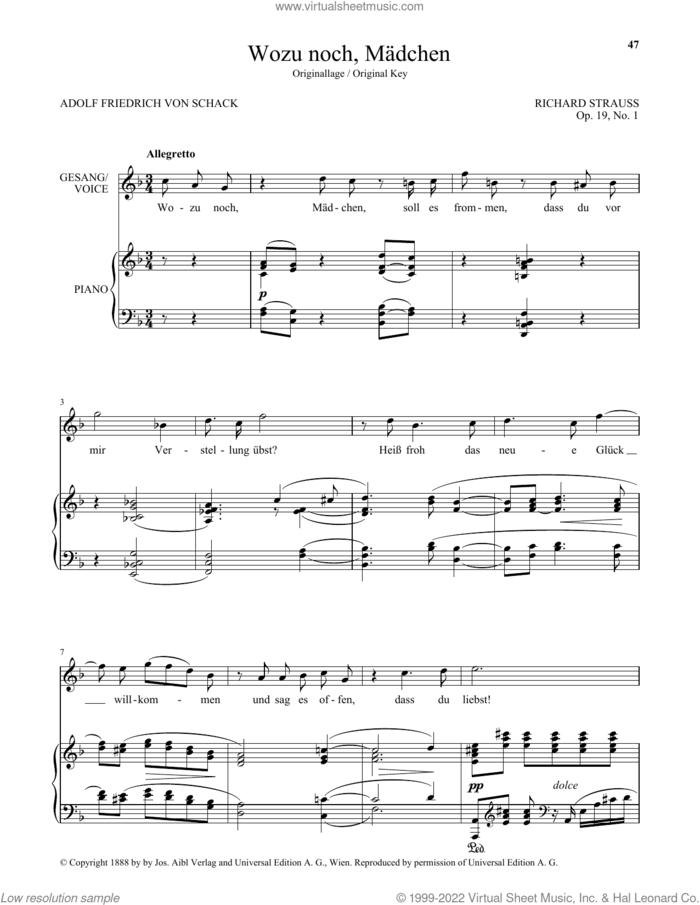 Wozu Noch, Madchen (High Voice) sheet music for voice and piano (High Voice) by Richard Strauss and Adolf Friedrich von Schack, classical score, intermediate skill level