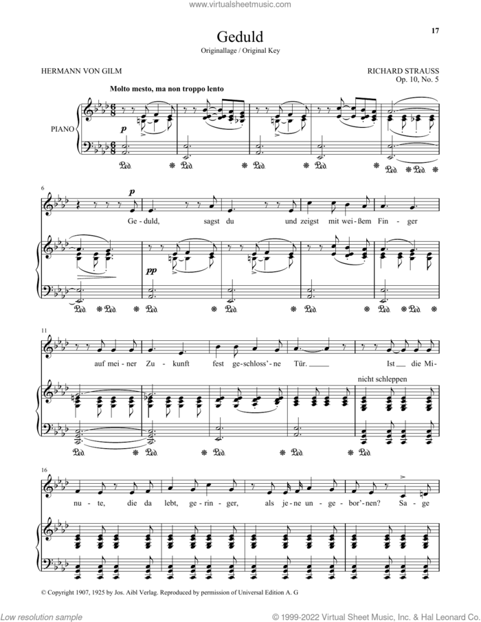 Geduld (High Voice) sheet music for voice and piano (High Voice) by Richard Strauss and Hermann von Gilm, classical score, intermediate skill level