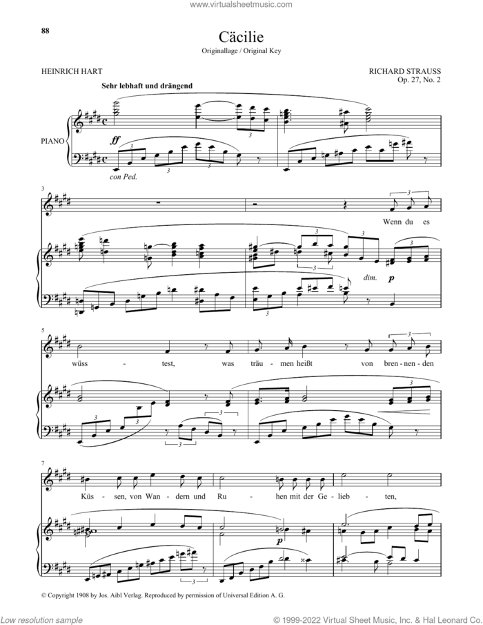 Cacilie (High Voice) sheet music for voice and piano (High Voice) by Richard Strauss and Heinrich Hart, classical score, intermediate skill level