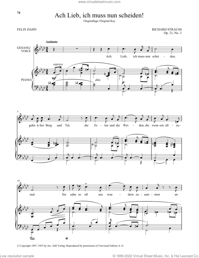 Ach Lieb, Ich Muss Nun Scheiden! (High Voice) sheet music for voice and piano (High Voice) by Richard Strauss and Felix Dahn, classical score, intermediate skill level