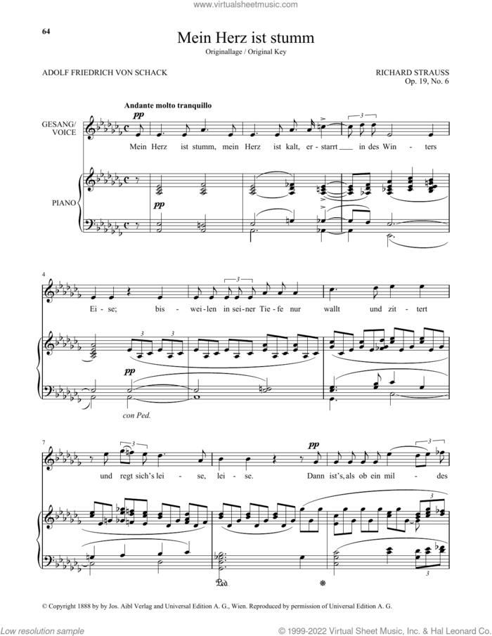 Mein Herz Ist Stumm (High Voice) sheet music for voice and piano (High Voice) by Richard Strauss and Adolf Friedrich von Schack, classical score, intermediate skill level