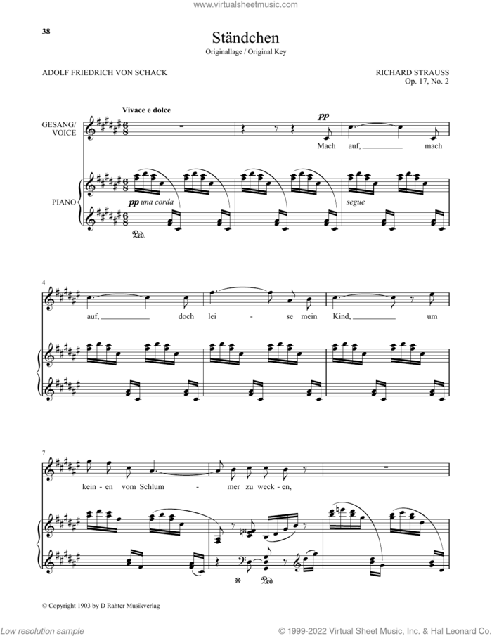 Standchen (High Voice) sheet music for voice and piano (High Voice) by Richard Strauss and Adolf Friedrich von Schack, classical score, intermediate skill level