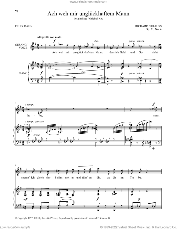 Ach Weh Mir Ungluckhaftem Mann (High Voice) sheet music for voice and piano (High Voice) by Richard Strauss and Felix Dahn, classical score, intermediate skill level