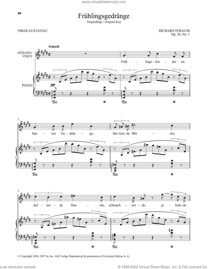 Fruhlingsgedrange (High Voice) sheet music for voice and piano (High Voice) by Richard Strauss and Nikolaus Lenau, classical score, intermediate skill level