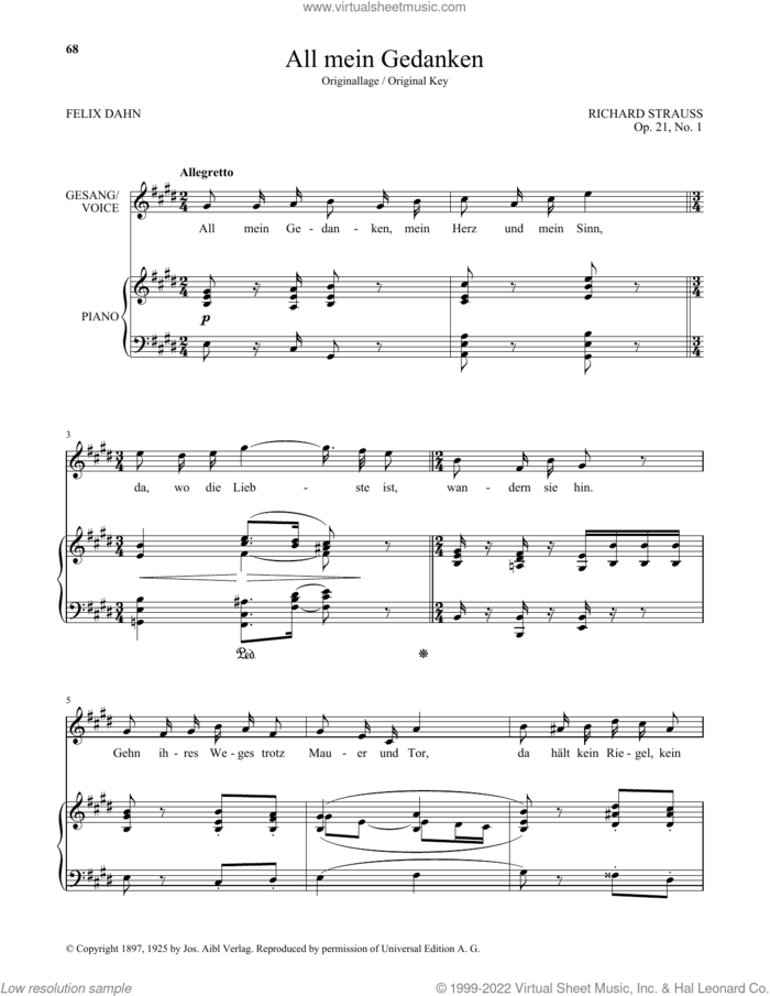 All Mein Gedanken (High Voice) sheet music for voice and piano (High Voice) by Richard Strauss and Felix Dahn, classical score, intermediate skill level