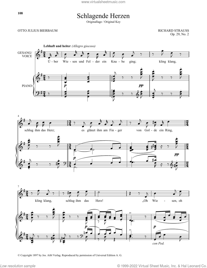 Schlagende Herzen (High Voice) sheet music for voice and piano (High Voice) by Richard Strauss and Otto Julius Bierbaum, classical score, intermediate skill level