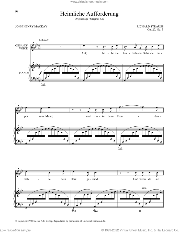 Heimliche Aufforderung (High Voice) sheet music for voice and piano (High Voice) by Richard Strauss and John Henry Mackay, classical score, intermediate skill level